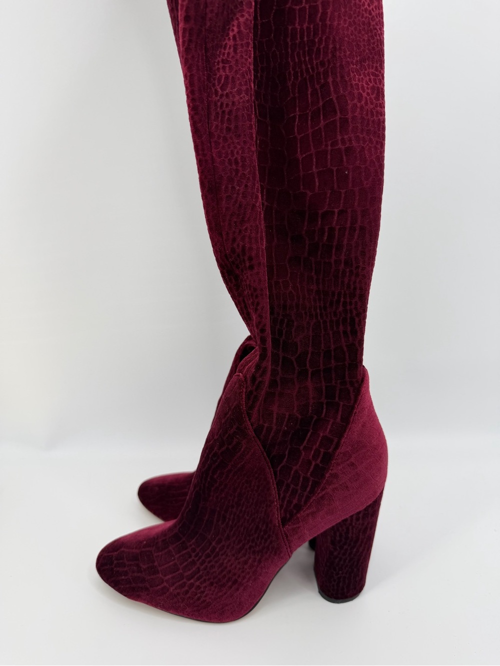 Aldo, Tenesha Croc-Embossed Red Velvet Over The Knee Boots, Size 7.5